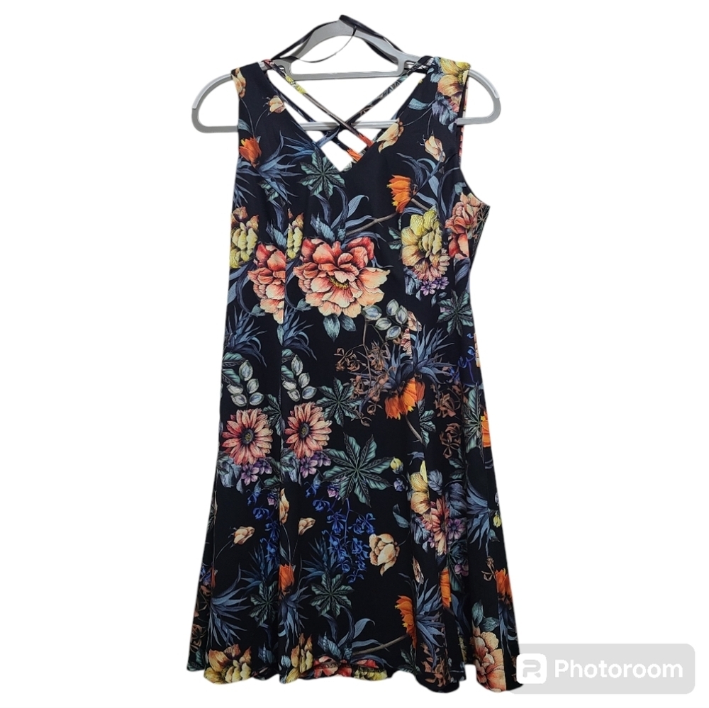 Roz & Ali‎ Stretchy Black Floral Fit and Flare Dress 6P NWT